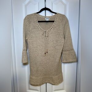Nomi - Beige Knit Sweater Handmade-Style Crochet Accents Casual Layering Piece